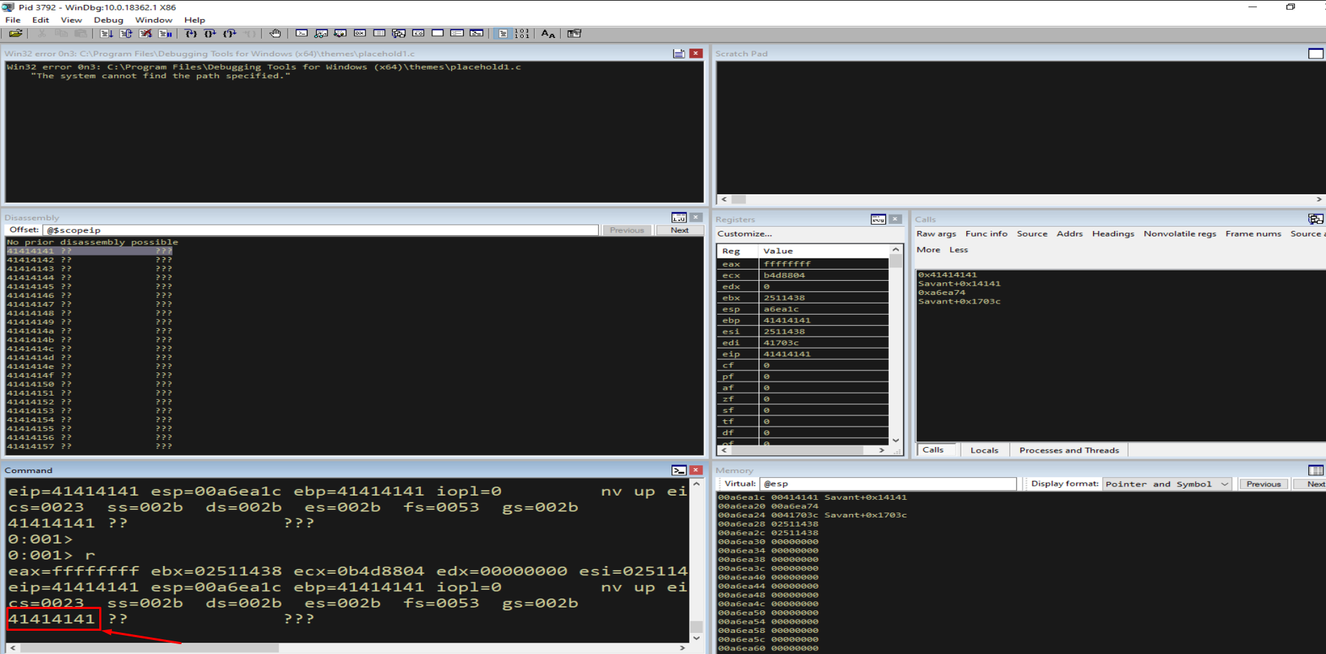 WinDbg — application crashes with EIP = 0x41414141