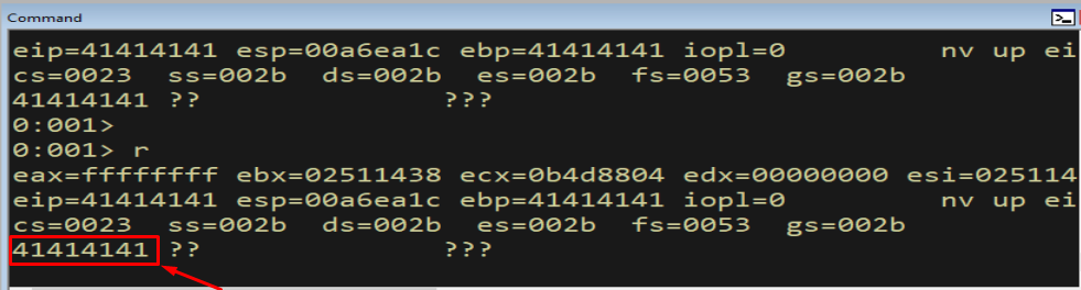 WinDbg register dump at crash; EIP = 0x41414141