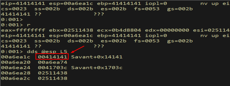dds @esp L5 — ESP holds only 3 bytes of buffer then a null