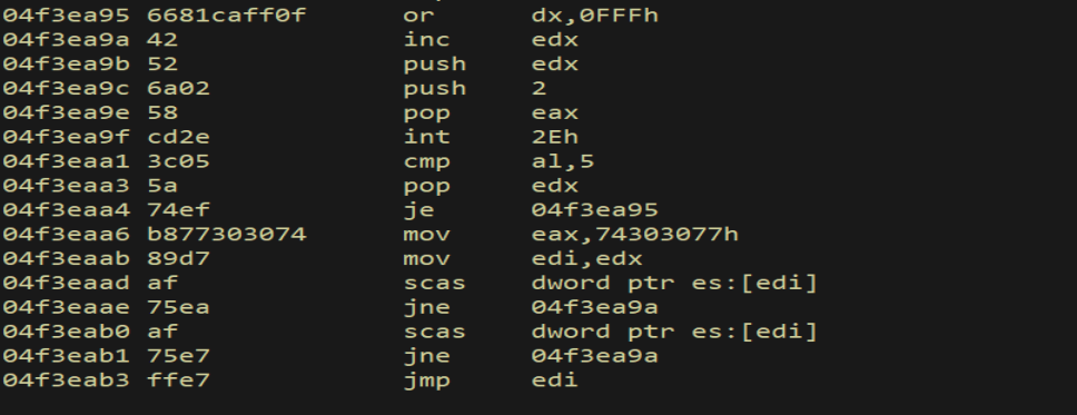 Disassembly of egghunter at start address