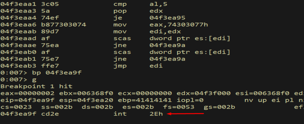 Breakpoint hit at INT 0x2E — registers visible