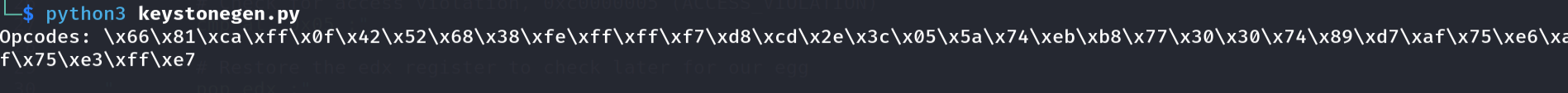 Keystone output — null-free opcodes for Windows 10-compatible egghunter