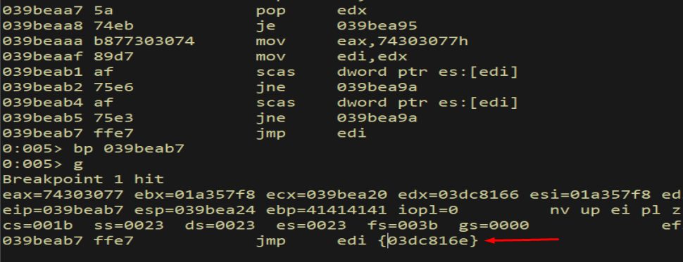 JMP EDI breakpoint hit — egghunter found egg