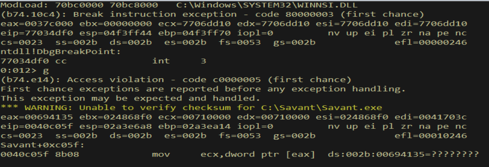WinDbg — crash produces unusual result; pattern does not align cleanly to EIP