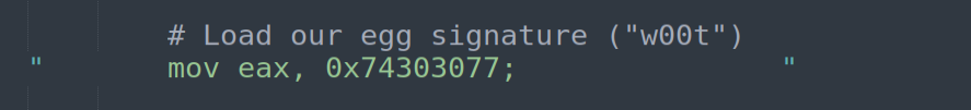 MOV EAX, 0x74303077 — load egg signature into EAX
