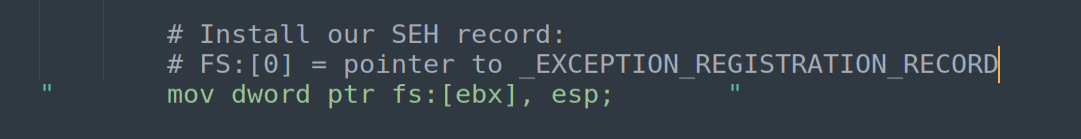 MOV FS:[EBX], ESP — install SEH record at FS:[0]