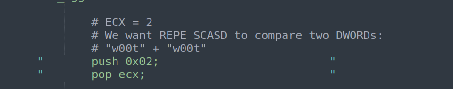 PUSH 0x02; POP ECX — repeat count for REPE SCASD