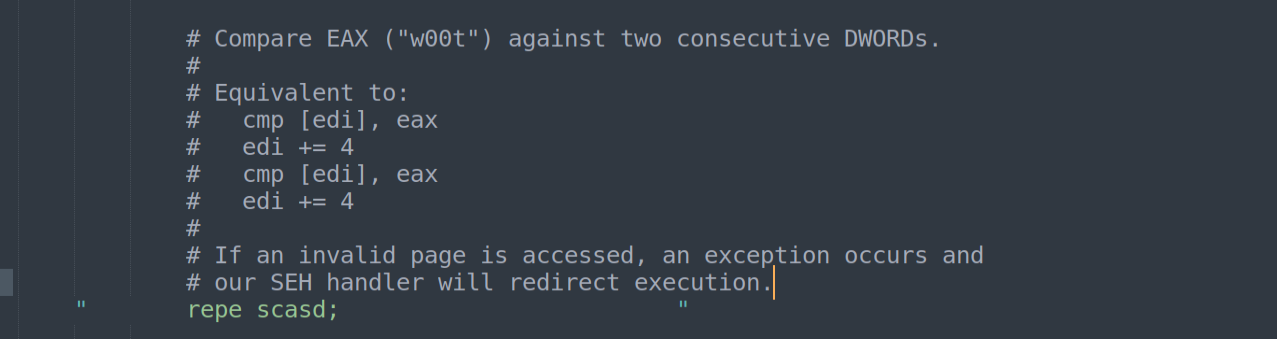 REPE SCASD — atomic repeated double-DWORD comparison with page-fault handling