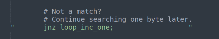 JNZ loop_inc_one — mismatch; advance one byte