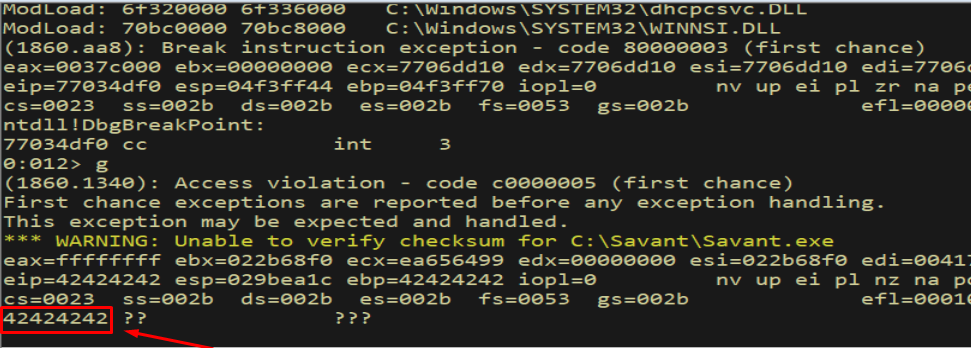 WinDbg — EIP = 0x42424242, offset is in B region (above 130)