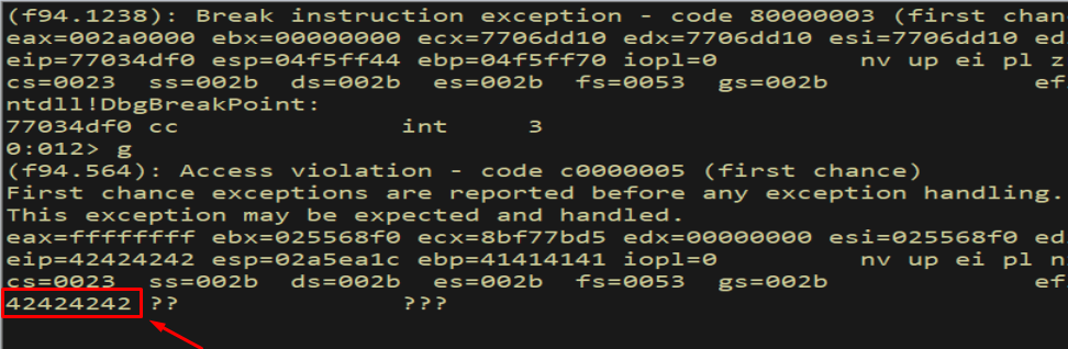 WinDbg — EIP = 0x42424242, full control confirmed at offset 253