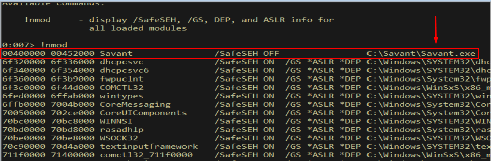 !nmod output — only savant.exe; all addresses start with 0x00