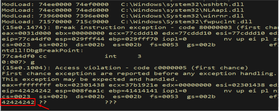 WinDbg — EIP overwritten, confirming crash point