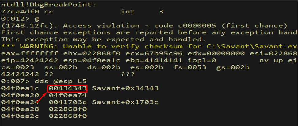 dds @esp L5 — null-terminated string behavior; only 3 bytes of filler at ESP