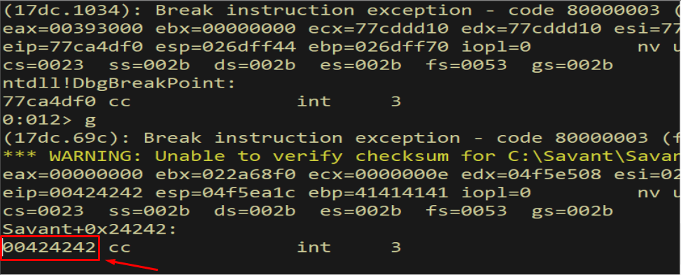 WinDbg — EIP = 0x00424242, null byte supplied by server