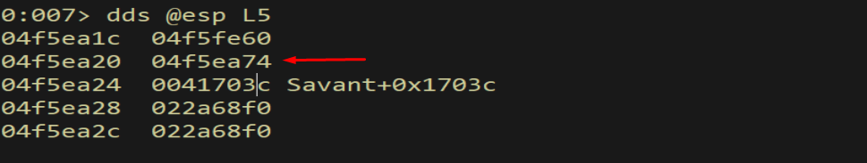dds @esp L5 — two relevant stack entries visible