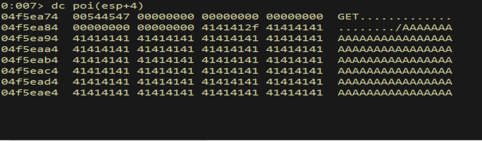 dc poi(esp+4) — second stack entry points into buffer