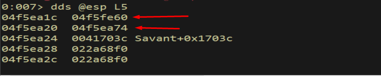 dds @esp L5 — confirming esp+4 value is redirect target