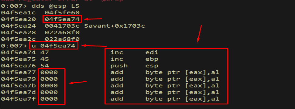 u — disassembly of esp+4 destination; instructions touch EAX register