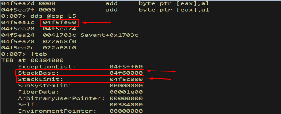 dds @esp + !teb — confirming esp value within stack limits