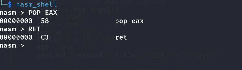 nasm_shell — POP EAX = \x58, RET = \xC3