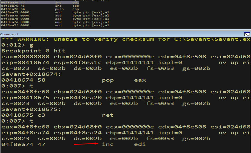 t; t — stepped through POP EAX and RET, now in A-buffer