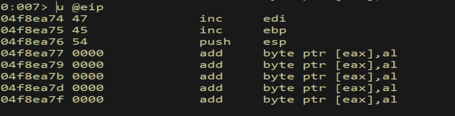 u @eip — A-buffer bytes disassembled as instructions