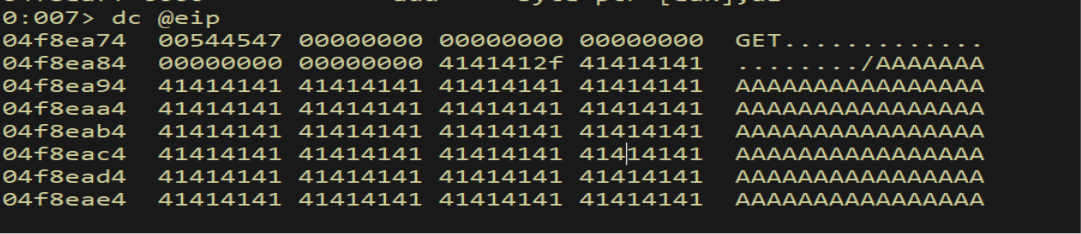 dc @eip — hex dump confirms buffer contents at EIP