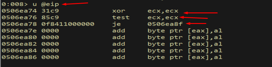 u @eip — conditional jump instructions intact in method-field memory