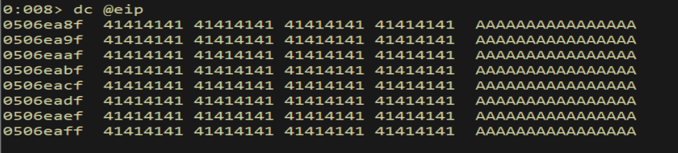 t; t; dc @eip — execution jumped into A-buffer