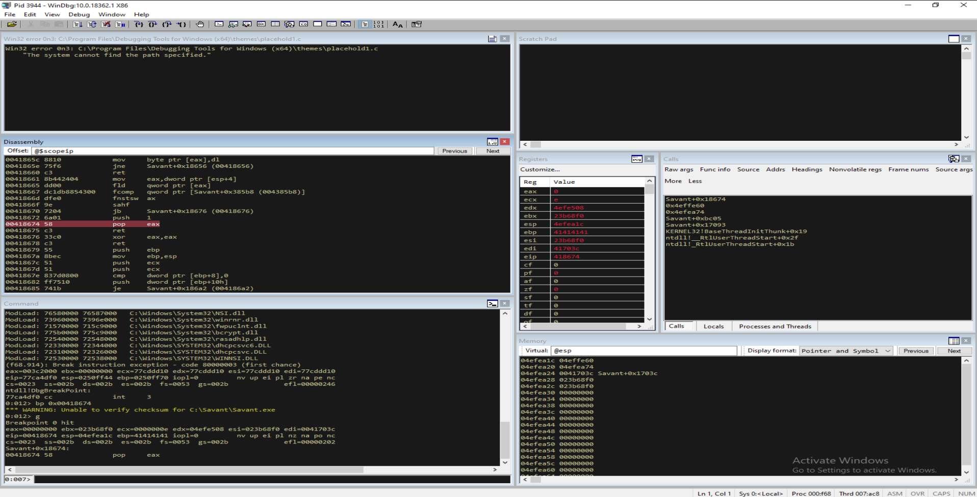 WinDbg — application crashes with breakpoint hit