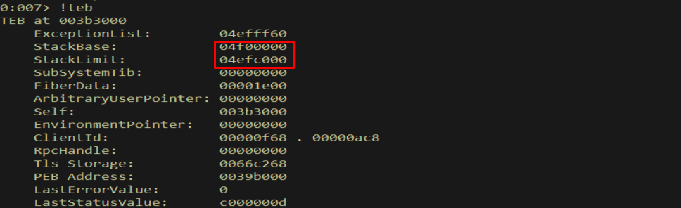 !teb — secondary buffer address outside stack limits