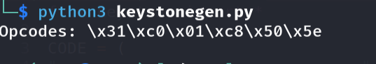 Keystone output — correct opcodes printed