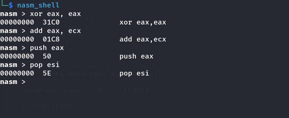 nasm_shell — identical output to Keystone, confirming both assemblers agree