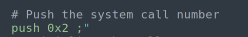 PUSH 0x2 — place syscall number on stack without null bytes