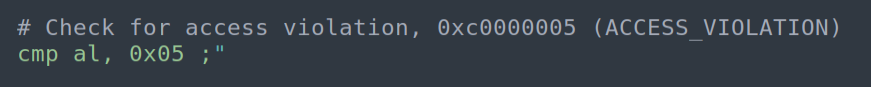 CMP AL, 0x05 — check low byte for STATUS_ACCESS_VIOLATION