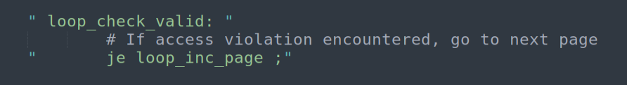 JE loop_inc_page — jump to page-skip on access violation