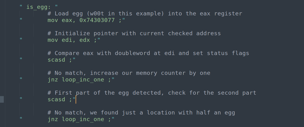 is_egg block — load egg value, set EDI, call SCASD twice
