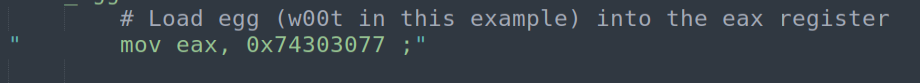 MOV EAX, 0x74303077 — load 'w00t' signature into EAX