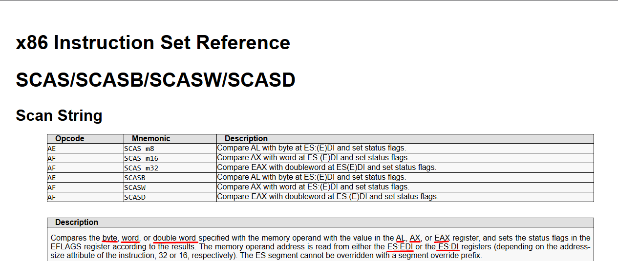 Intel manual — SCASD: compares EAX with [EDI] and increments EDI by 4