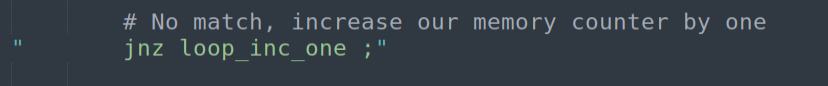 JNZ loop_inc_one — first-half mismatch; advance one byte and retry