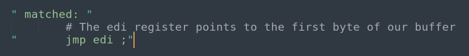 JMP EDI — both halves matched; jump to payload