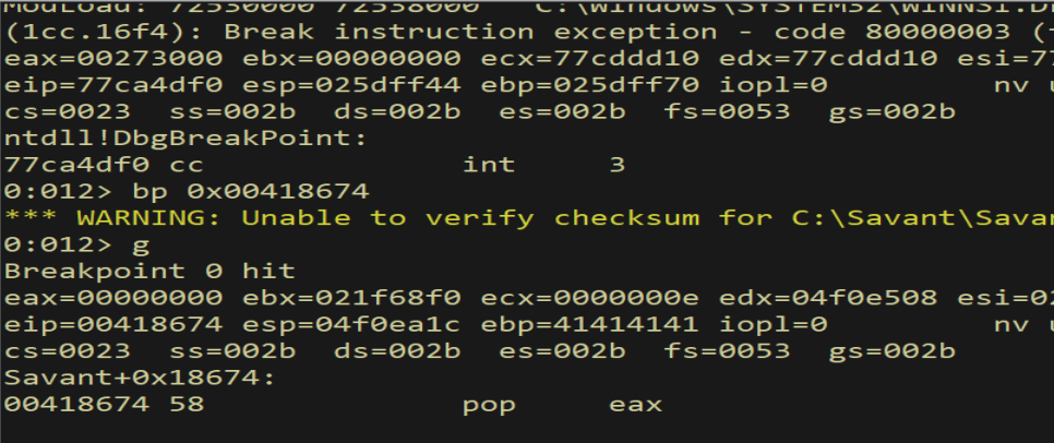 WinDbg — application crashes with breakpoint armed